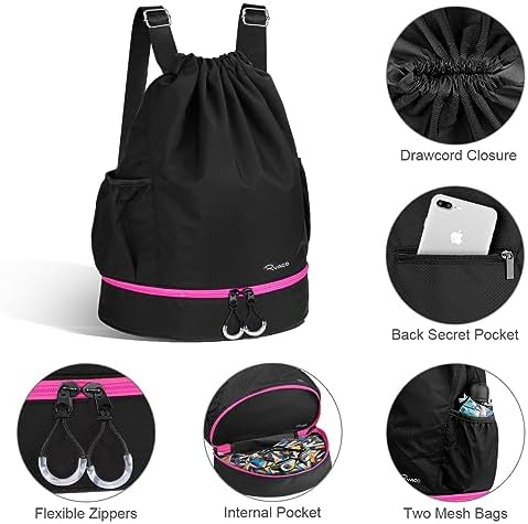 Ryaco Drawstring Sports Bag Backpack Large Size Water Resistant Bag with Zipper Pockets and Water Bottle for Gym, Yoga School and Swimming Beach