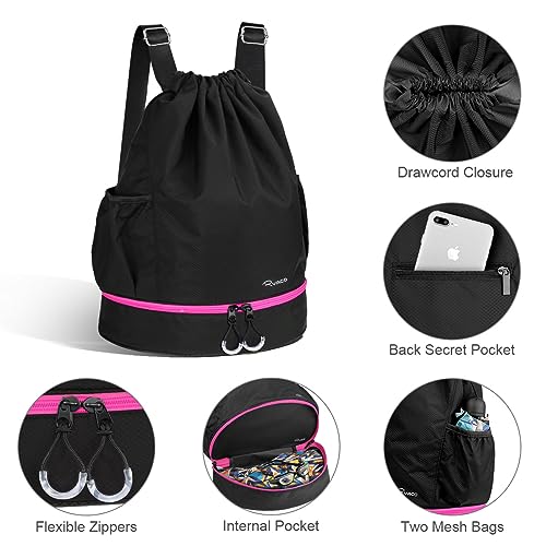 Ryaco Drawstring Sports Bag Backpack Large Size Water Resistant Bag with Zipper Pockets and Water Bottle for Gym, Yoga School and Swimming Beach