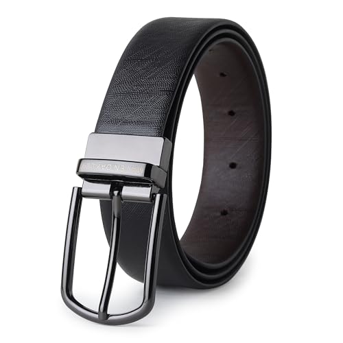 Image of Belts for Men Leather Original, Reversible Black & Brown Formal & Casual Italian Leather Belt with Solid Metal Curved Buckle