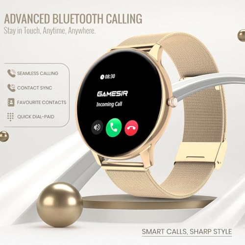 Image of GameSir Glavito Round Dial Smartwatch with 1.49 inch AMOLED Display, 100+ Sports Modes, Bluetooth Calling, Functional Crown Control, Health Tracking, 100+ Watch Faces for Men & Women (Millanese Gold)