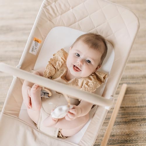 Image of Baby Delight Heirloom Aspen Wooden Baby Bouncer, Organic Oat | Infant 0-6 Months, 3-Position Recline, 3-Point Safety Harness, 100% GOTS Certified Cotton Fabric, Removable & Washable Cover