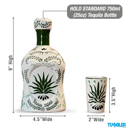 Handmade Tequila Decanter Set, Authentic Tequila Gifts for Men, Set includes Talavera Ceramic Bottle & 4 Shot Glasses. Made in Mexico.