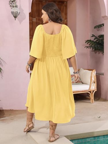 Image of SCOMCHIC Plus Size Summer Dress Casual Short Sleeve Bow Tie Deep V Neck Smocked Button Down Midi Flowy A-line Boho Dresses
