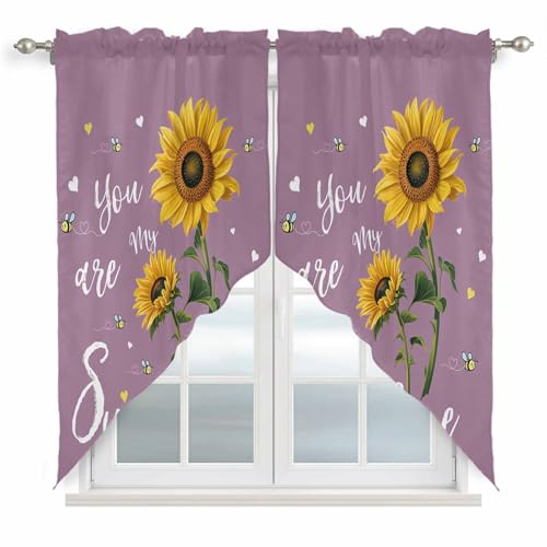 JuBOUPEN Swag Curtain Valances,Farm Sunflower Love Bee Rod Pocket Kitchen Valance Short Swag Topper Curtains,Garden Plant Purple Painting Window Tier Valance for Bedroom Living Room,36' W x 36' L