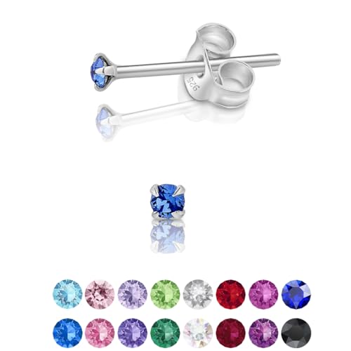 DTPsilver - Winzige Ohrringe 925 Sterling Silber mit Kristallen von Swarovski® Elements Runde Sehr kleine Ohrstecker - Durchmesser 2 mm - Farbe : Blauer Saphir
