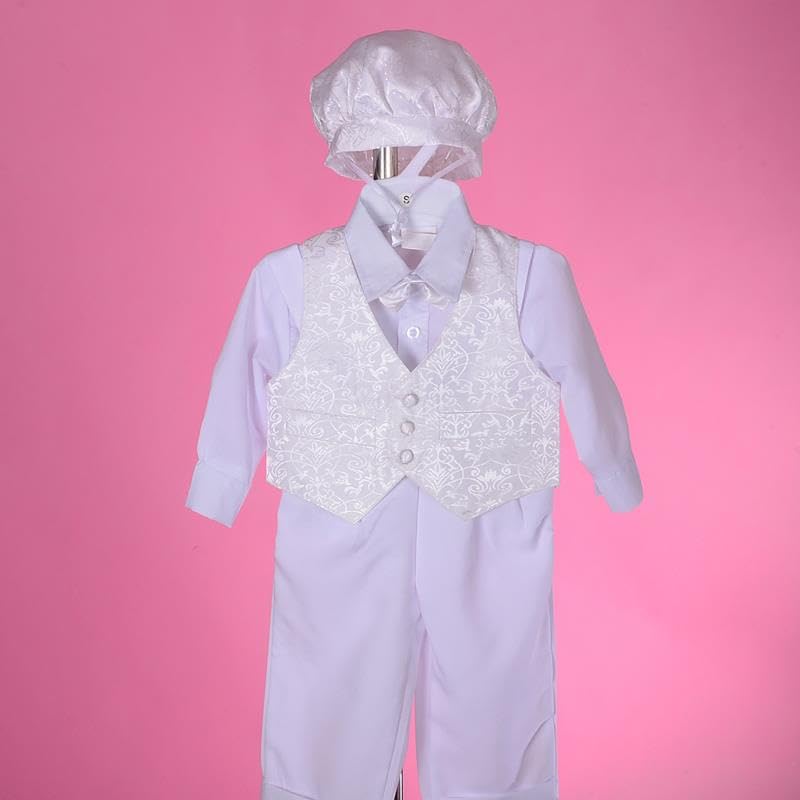 Dressy Daisy Baby Boys' Christening Clothing Baptism Outfit 5 Pieces White Suit Set with Bonnet Hat Size 3-24 Months2