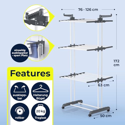 EASYmaxx Klappbarer Wäscheständer | Effizientes Trocknen mit 3 Ebenen, 2 Seitenflügeln & leichtem Aufbau | Platzsparend, vielseitig und mobil für drinnen und draußen, Grau/Weiß