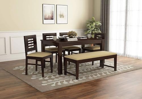 Image of Solid Sheesham Wood 6 Seater Dining Table with 4 Cushion Chairs and 1 Bench for Living Room Home Office Dining Room Wooden Furniture Dinner Table Set (Walnut Finish)