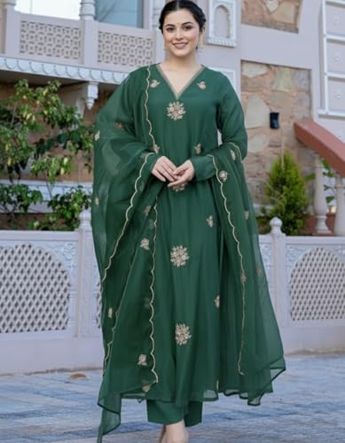 Image of Nermosa Women Embroidery Solid Anarkali Kurta and Pant Set with Dupatta