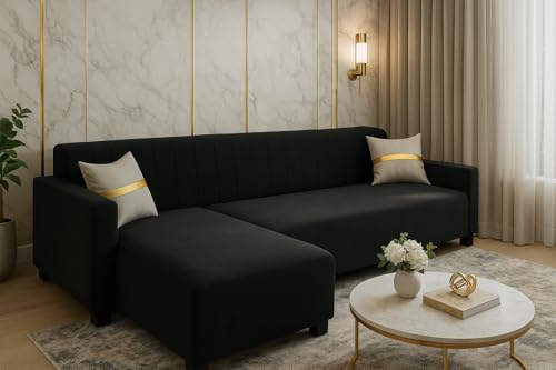 Image of SOCOZI Bulvaria 5 Seater LHS L Shape Sofa Set | Soft Velvet Suede Fabric | Modern Design | Plush Comfort Cushions for Living Room (Black)