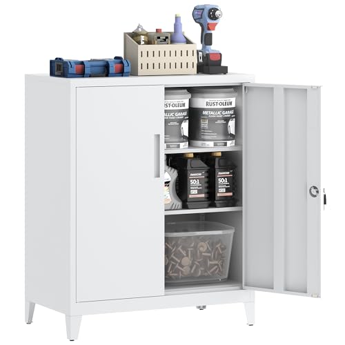 HOMSTEEL Armario metálico, Armario de Garaje de 2 Estantes con Cerradura, de Oficina con Estantes Ajustables, para Oficina, Garaje y Lavadero, 40 x 80 x 100 cm, Blanco