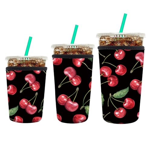 Image of 3 Pack Reusable Neoprene Insulator Sleeve for Iced Coffee Cups, Funny Coffee Cup Sleeves for 16-32oz Coffee cups, Cute Drink Sleeve for Cold Hot Beverages Watercolor Cherry