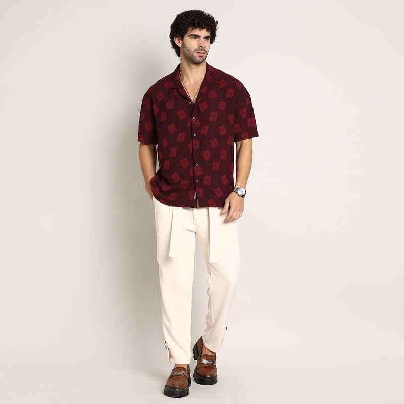 Image of CAHOOT Men's Oversized Shirt for Casual Wear | Cuban Collar | Short Regular Sleeves | Button Closure | Oversized Shirt Crafted with Comfort Fit for Everyday Wear