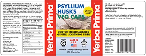 Yerba Prima Psyllium Husks Veg Caps - 180 Count (2 Pack) (625Mg) - Vegan, Non-Gmo, Gluten Free, Colon Cleanser, Daily Fiber Supplement For Gut Health & Regularity #TOP4
