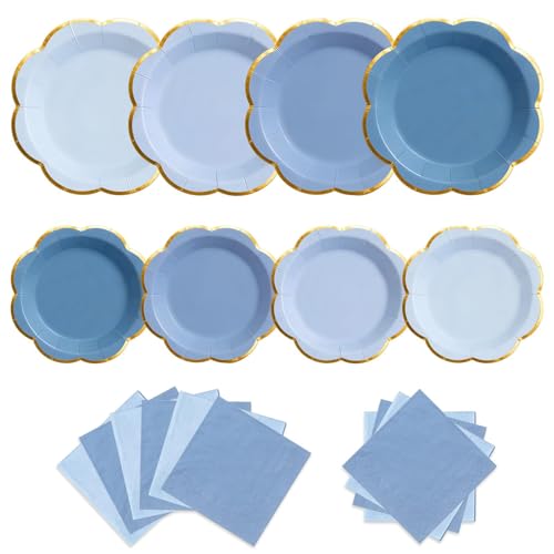 Blue Plates and Napkins Party Supplies for 20 Guests Dusty Blue Scalloped Paper Plate with Gold Rim Elegant Disposable Tableware Set for Birthday Graduation Baby Shower Bridal & Tea Party 60 PCS