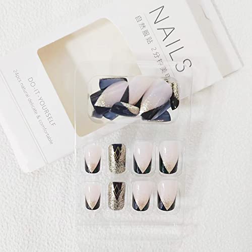 Square Press On Nails Black Flash Fake Nails Medium Glue On Nails French Shiny Stick On Nails Design Acrylic False Nails For Women Or Girl Manicure, 24Pcs #TOP1