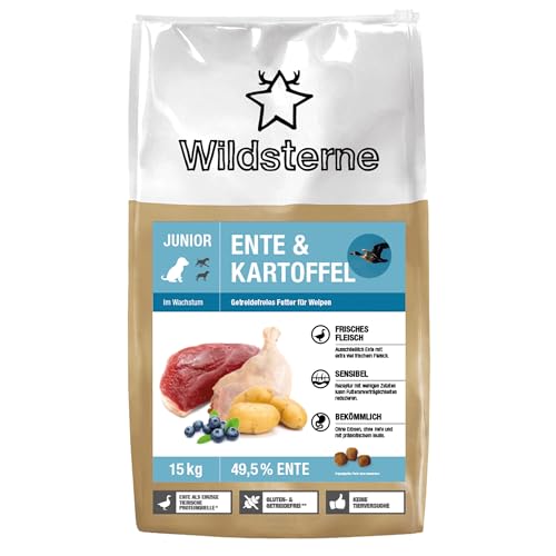 Wildsterne Ente & Kartoffel Junior 15 kg| Getreidefreies Trockenfutter | Monoprotein | von Tierärzten entwickelt