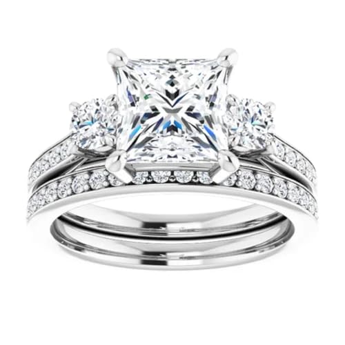 2CT-4CT Princess Cut Anniversary Ring Set Solitaire Three Stone Vintage Moissanite Engagement Ring for Women Promise Gifts for Her 925 Silver/10K/14K/18K Gold (3 CT)