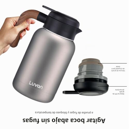 Miniatura 5 de Jarra Térmica,Sus316 Termo Café Al Vacío De Doble Pared,Termo 2 Litros Y Empuñadura De Madera Maciza Aislada 12h De Calory 24h De Retención De Frío Para Dispensador De Té,Agua,Café Plata