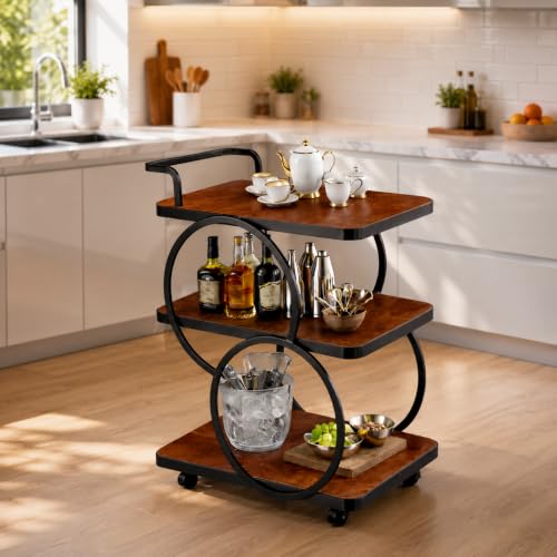 Image of Bar Table 3-Tier Metal Serving Table with Wheels Gold Elegant Home and Restaurant Mobile Cart for Effortless Food Serving Coffee Table for Living Room (Black & Brown)
