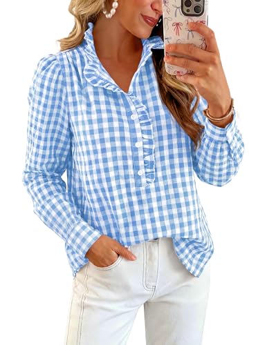 MASCOMODA Womens Long Sleeve Button Down Tops Plaid Shirts(Light Blue,S)