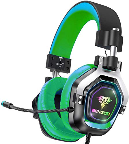 BENGOO Gaming Headset Headphones for PS4 Xbox One PC【4 Speaker Drivers】 Over Ear Headphones with RGB LED Lights, 45° Adjustable Soft Memory Earmuff, 720° Noise Canceling Microphone for Gamecube