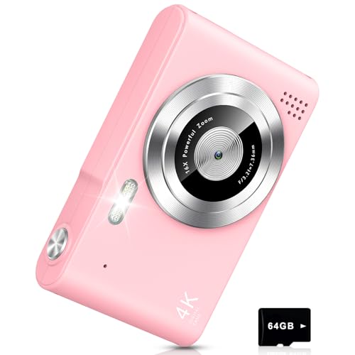 Digital Camera, Camera for Kids, UHD 4K 48MP Point and Shoot Digital Cameras with 64GB SD Card and 16X Digital Zoom Anti Shake, Compact Portable Small Gift for Boys Girls Students, Pink