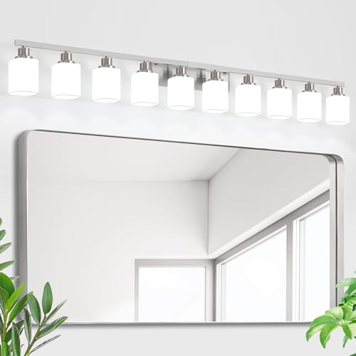Image of 10-Light Bathroom Vanity Light Brushed Nickel,64.5in Vanity Lights with Square Frosted Glass,Modern Bathroom Wall Lights Fixtures Over Mirror,Wall Sconces Lighting for Bedroom Living Room,E26