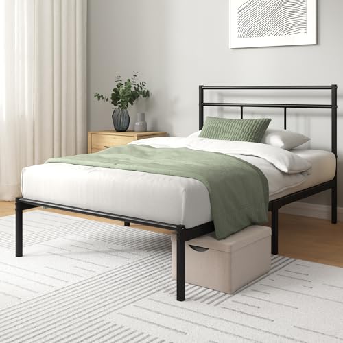 Zinus Elias Bettgestell 90 x 200 cm mit Vintage Kopfteil - Metallbett 90x200 mit Metall-Lattenrost - 30 cm Hohe Plattform mit Freiraum Darunter - Kein Boxspringbett Erforderlich - Schwarz