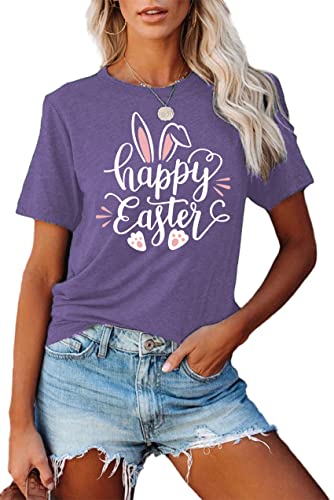 Image of Women Happy Easter T Shirt Bunny Rabbit Graphic T-Shirt Funny Letter Printed Shirts Short Sleeve Tops