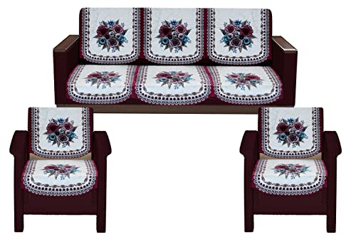 Image of The Furnishing Tree Velvet Floral Pattern 10 Pieces 5 Seater Sofa Cover Set Pink