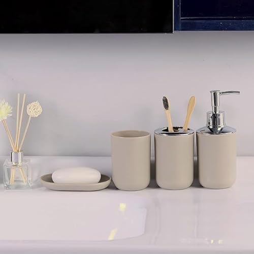 6tlg Badset Badezimmer Zubehör Set Organizer: Seifenspender, Zahnputzbecher, Kosmetikeimer, WC Bürste und Halter, Seifenschale, Mülleimer, Zahnbürstenhalter, Badgarnitur (Beige Design 3)