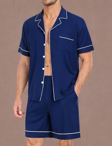 Image of SWOMOG Mens Pajama Set Short Sleeve 2 PCS Sleepwear Button Down Soft Loungewear Modal Set Pj Set with Pockets S-3XL