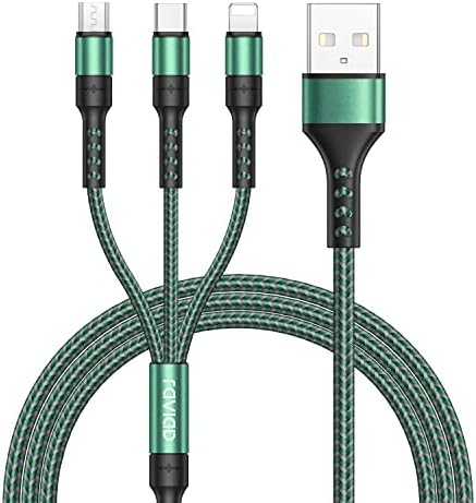 RAVIAD Multi Charger Cable, 3 in 1 Charger Cable [1.2M] Multiple USB Cable Nylon Braided with Micro USB Type C Lightning Cable Connector for iPhone, Android Samsung Galaxy, Huawei, Sony, Oneplus-Green