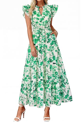 dowerme Women Summer Maxi Dresses 2026 Ruffle Sleeve V Neck Floral Boho Long Dress Belted Tiered Sundress with Pockets(Beige Green Floral,XX-Large)