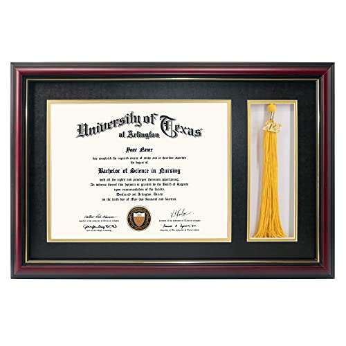 Graduationmall 11X17 Cherry Wood Diploma Frame With Tassel Holder For 8.5X11 Certificate Document,Real Glass,Black Over Gold Mat #TOP8