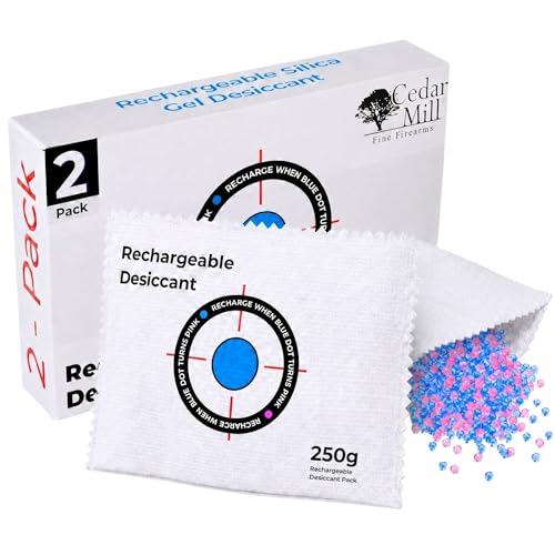 Cedar Mill Rechargeable Desiccant Packs for Storage - Leak-Proof Gun Safe Moisture Absorber for Firearm Cases, Cabinets & Cars - Color Indicating Silica Packets for Moisture Control (250 gr, 2-Pack)