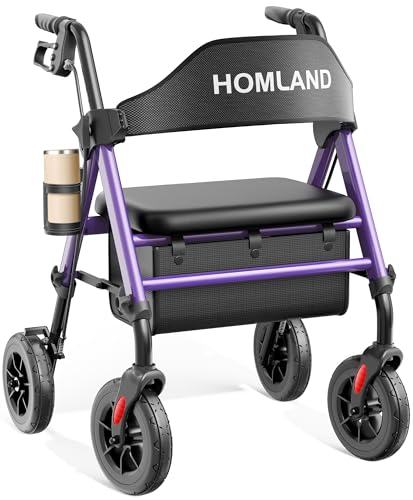 HOMLAND Walkers for Seniors with Seat, Foldable Rollator Walker, Reinforced Aluminum Frame, 8 Big Rubber Wheels for All Terrain, Height Adjustable Lightweight Rolling Walker