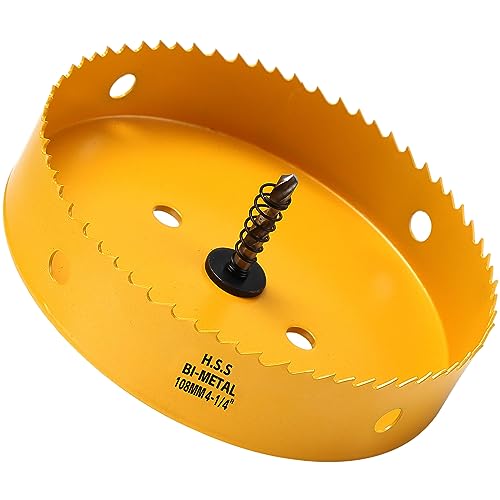 Image of 108mm Hole Saw, HSS Bi-Metal Hole Cutter with Drill Bit for Wood, Plastic, PVC, Fiberglass and Plasterboard, Yellow