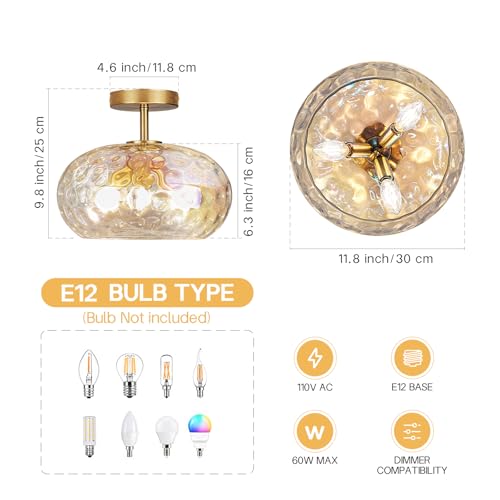 Image of 12 inch Vintage Rainbow Glass Ceiling Light, Mid Century 3-Light Semi Flush Mount Fixture, Modern Hammered Gold Lighting for Girls Bedroom, Hallway, Kitchen, Living Room