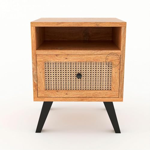 Image of Wooden Bedside Table with Cane Rattan Drawer & Open Shelf | Modern Nightstand for Bedroom (Natural Finish)
