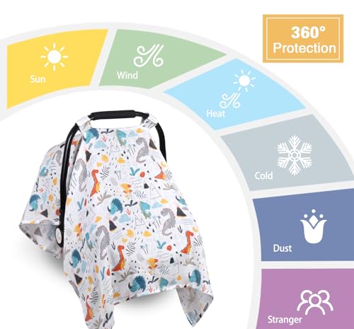 Image of Metplus Car Seat Cover Baby boy, 100% Muslin Cotton Infant Carseat Covers, Lightweight Breathable Car Seat Canopy, Summer Stroller Sun Shade, Newborn Travel Essentials(Dinosaur Party)