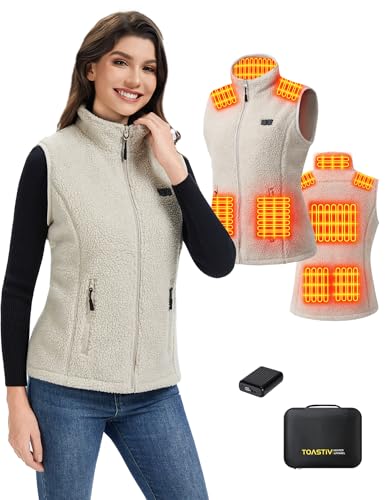 Toastiv Heizweste Damen mit Powerbank 7.4V 18400mAh，Fleece Wärmeweste - Waschbar Beheizte Weste für Outdoor & Alltag,Beige,M