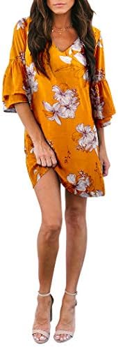 BELONGSCI Women's Dress Sweet & Cute V-Neck Self Tie 3/4 Sleeve Casual Loose Shift Dress Mini Dress