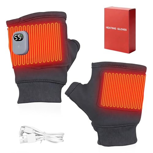Rechargeable Electric Heated Fingerless Glove Thermal Hand Warmers Mittens for Cold Weather Lightweight Thin Winter Touch Screen Half Glove Men Women Ladies for Work Cycling Bike Riding Ski(Black)