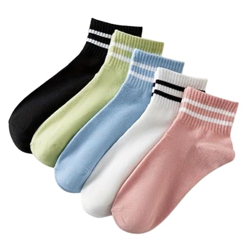 Women Athletic Crew Socks Pack of 5 Cotton Blend Soft Breathable Stretchable Casual Sports Socks for Women Girls Ankle Length Daily Wear Multicolor Striped Socks-image-7