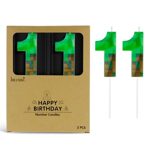Pixel Birthday Candle, 2.68 Inch Miner Number Candles, Game Themed Candle Birthday Decoration for Pixel Theme Birthday Anniversary Dynamite Video Game Party (Green, 11)