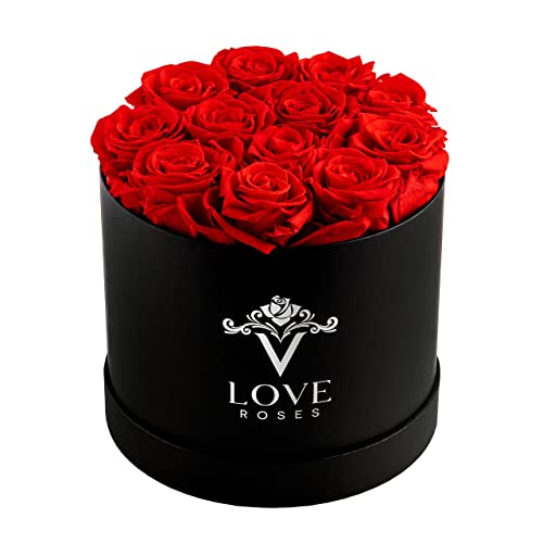 VLove Forever Preserved Roses in a Box | Real Roses That Last a Year | Gift Ready Eternity Roses Box | Zero Care Long Lasting Flowers | Black Box of Roses: 12 Red | Wife Mothers Day Gifts For Her