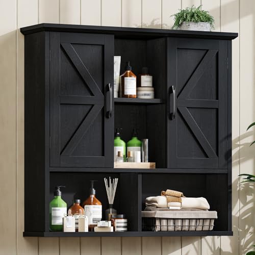Image of Vabches Bathroom Wall Cabinet, Farmhouse Medicine Cabinet with Double Barn Door and Adjustable Shelves, Wooden Vintage Storage Cabinet Wall Mounted for Bathroom, Kitchen Dining, Rustic Black