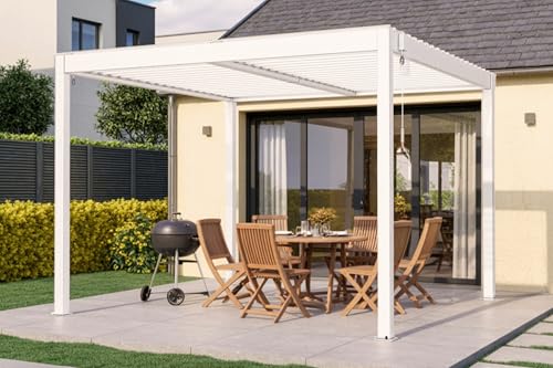 CAZEBOO Pérgola Bioclimática Autoportante Piana 297x298 cm (3x3 m – 9 m²) Aluminio Blanco – Lamas Orientables 0-110° Acero – Resistente Viento 70 km/h – Kit Completo con Manivela y Anclajes